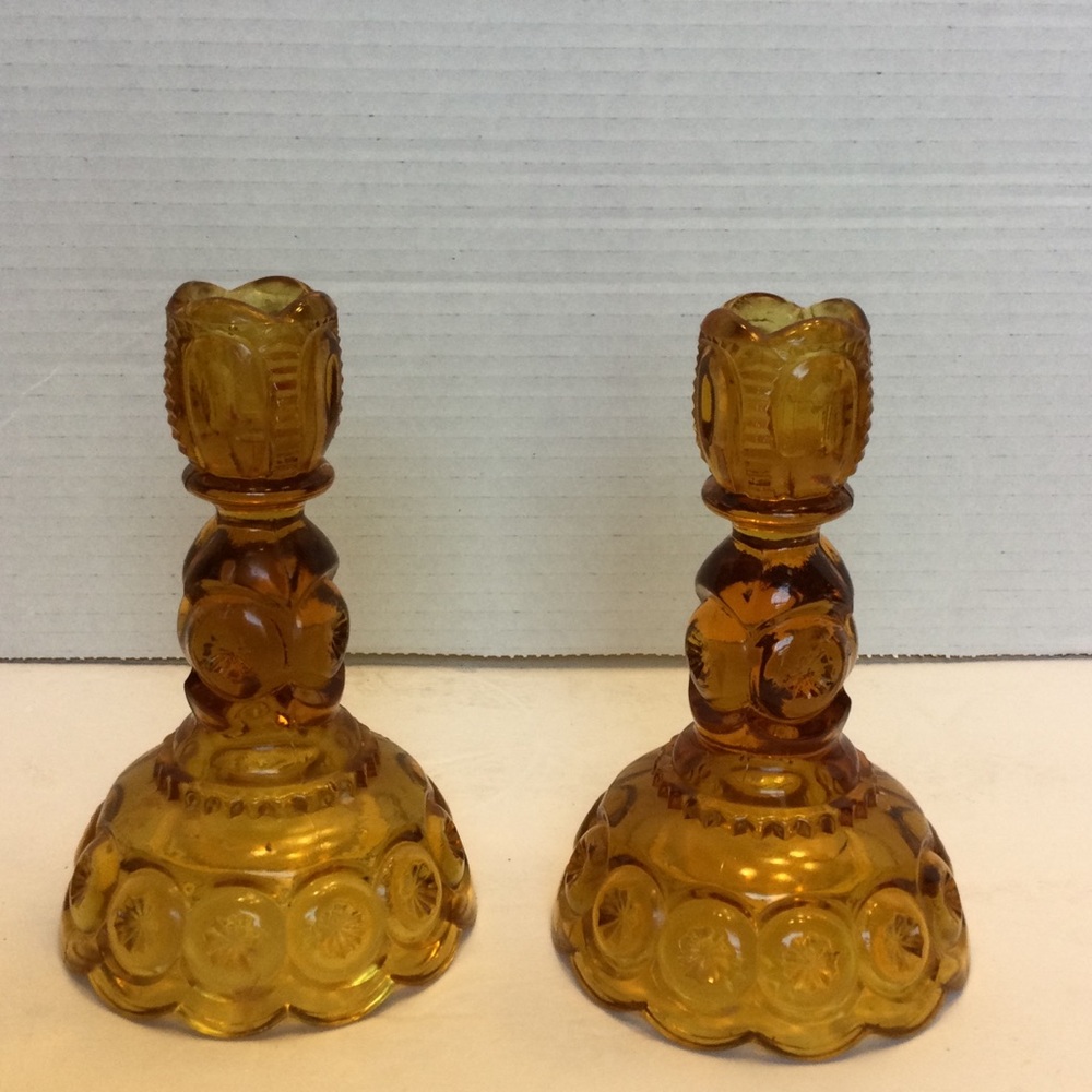 L G Wright Amber Glass Moon & Star Candle Holders VTG